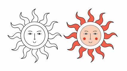 Smiling Sun Face, Line Art and Color Version