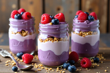 Layered blueberry and raspberry parfaits in clear mason jars with yogurt, granola, and fresh berries, styled on a rustic wooden table for a healthy breakfast or dessert presentation