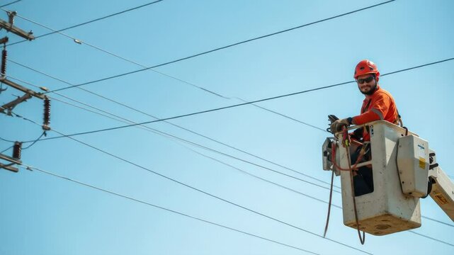 Electrician Working on Power Lines - A lineman in an orange shirt and hard hat sits in a bucket truck, working on high-voltage power lines against a clear blue sky.