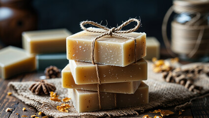 Stack of handmade soap bars tied with twine on rustic wooden table