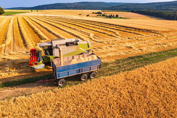 A bird's-eye view of a combine harvester harvesting grain in a grain field