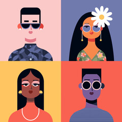 Colorful flat portraits of diverse men and women with sunglasses and earrings, vector illustration
