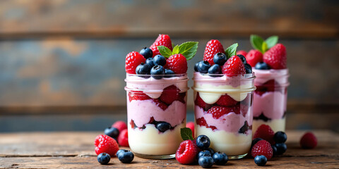 Layered blueberry and raspberry parfaits in clear mason jars with yogurt, granola, and fresh berries, styled on a rustic wooden table for a healthy breakfast or dessert presentation