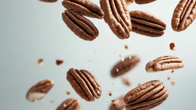 A handful of pecans suspended in mid-air