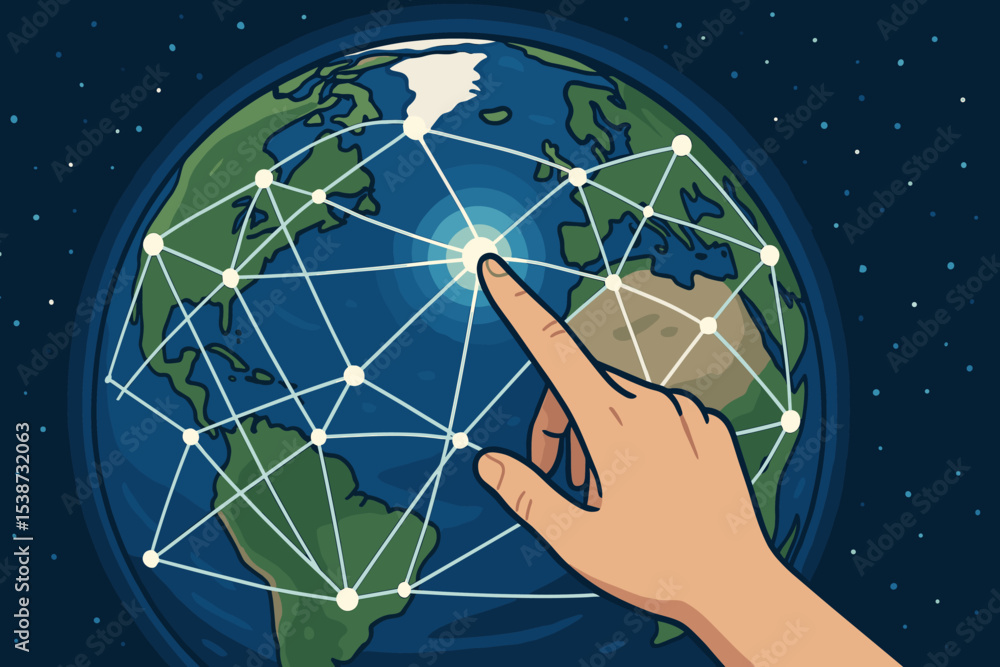 Poster hand touching a glowing node on a global network over planet earth. concept for internet, communicat