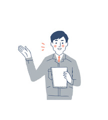 書類を持って話している作業服姿の男性