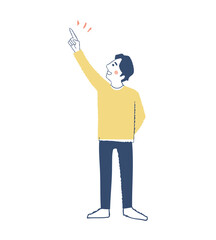 上の方を指さしている笑顔の男性
