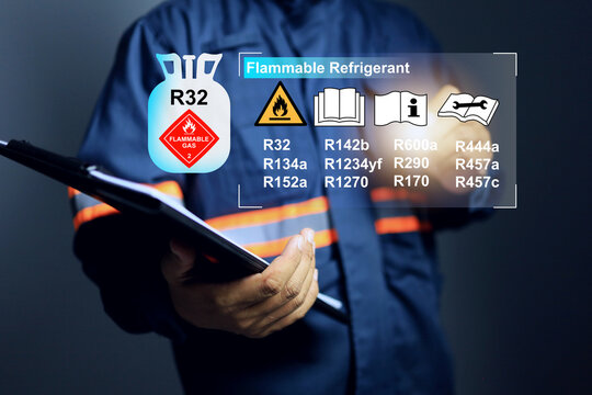 Flammable refrigerant concept safety staff holding clipboard to check list of caution label to warning before using the gas in air conditioner or refrigeration system to service in customer site - Powered by Adobe