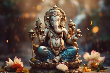 Fototapeta premium Close-up traditional Ganesh statue on blurred bokeh background, showcasing detailed craftsmanship and symbolic elements. Ideal for religious publications, cultural articles