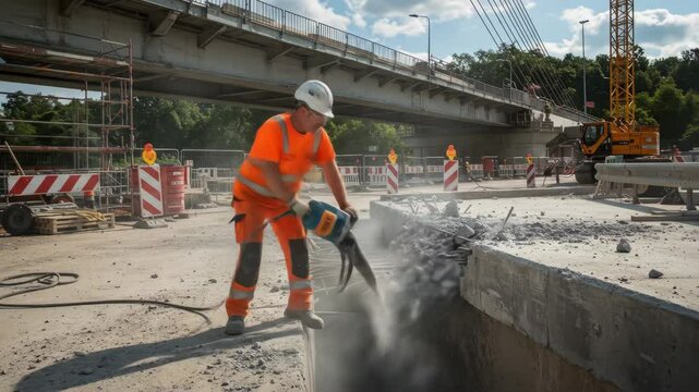 Construction Worker Demolishing Concrete with Jackhammer - A construction worker in bright orange workwear uses a jackhammer to break up concrete on a bridge construction site.