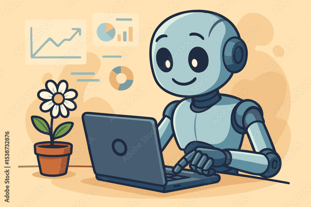 Poster cute ai robot character working on a laptop analyzing data charts. business intelligence, automation