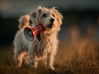 Dog with megaphone outdoors