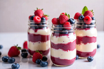 Layered blueberry and raspberry parfaits in clear mason jars with yogurt, granola, and fresh berries, styled on a rustic wooden table for a healthy breakfast or dessert presentation