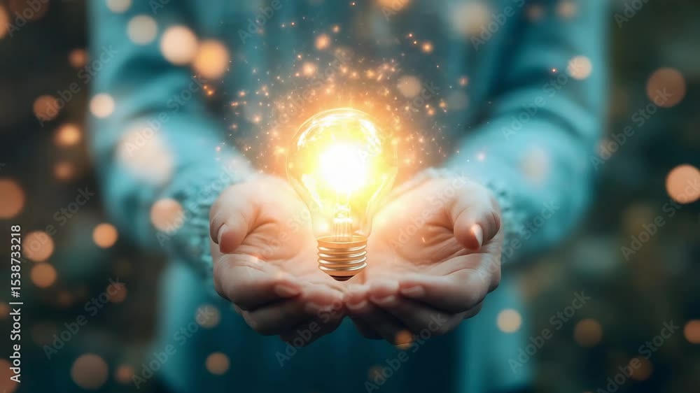 Aufkleber glowing light bulb held hands with sparkling particles and warm bokeh background symbolizing bright 