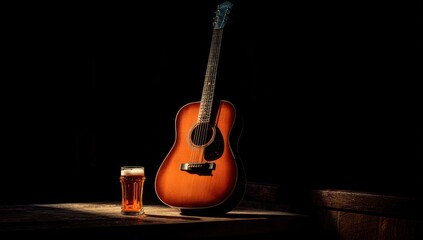 Fototapeta premium Acoustic guitar and a drink on a table