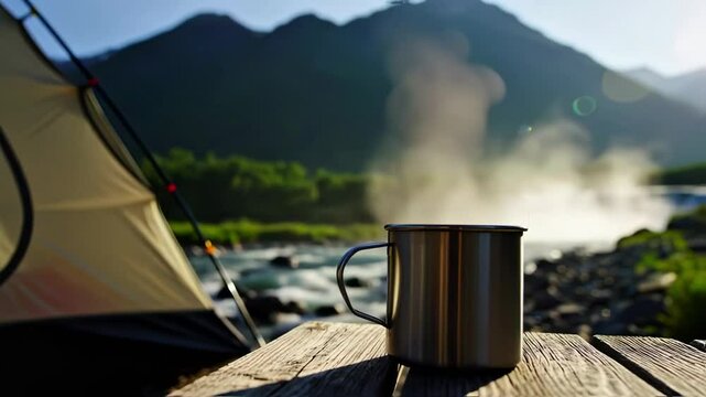 Morning Coffee by the Riverside Camp with Mountain View