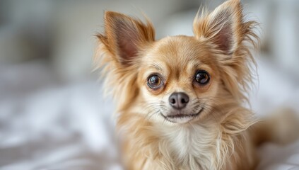 Adorable fawn chihuahua on a bed