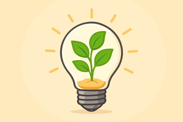 Green energy concept with a plant sprout growing inside a shining light bulb. Metaphor for eco friendly innovation, sustainability, renewable power source and growth. Ecology vector.