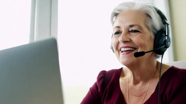 Smiling elderly woman with headset using laptop during video call, Elderly woman smiling during an online video call while wearing a headset and sitting at a laptop