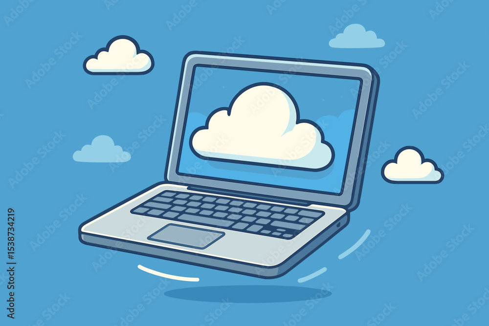 Poster cloud computing technology concept. laptop computer with cloud icon on screen floating in the sky. o