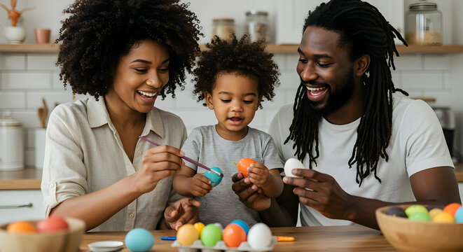 Happy African American Family Easter Egg Decorating Springtime Fun Festive Holiday Celebration Togetherness