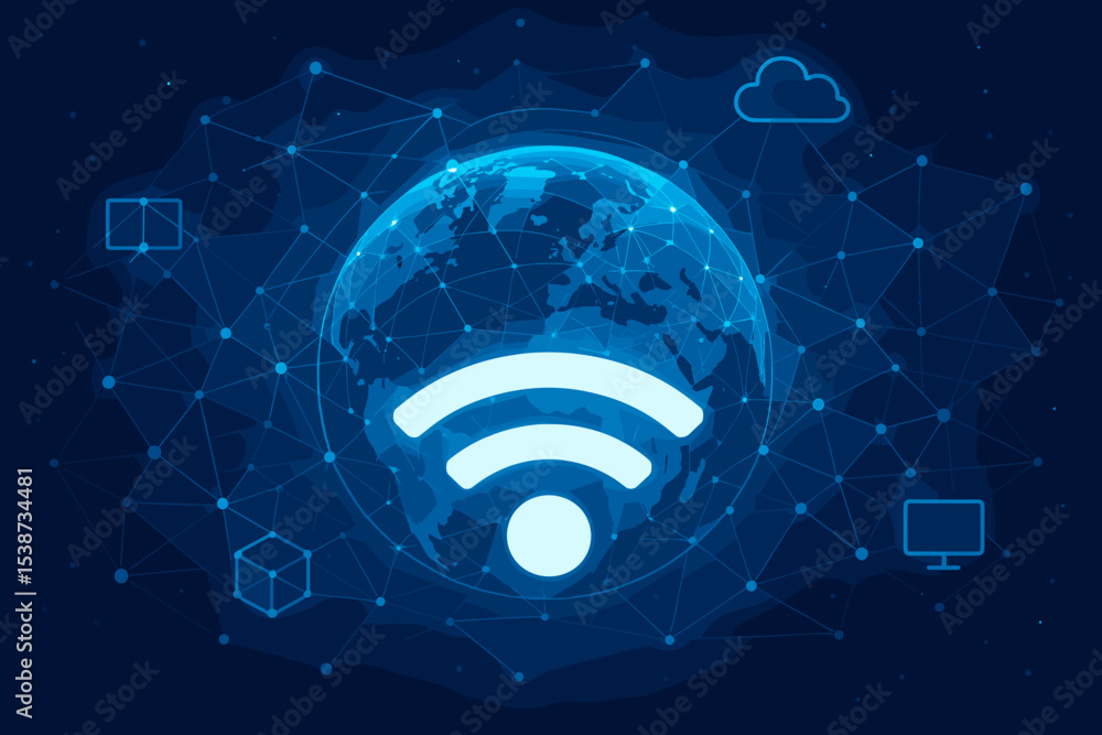 Poster global wireless technology and internet communication concept. wi-fi symbol over planet earth on a f