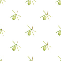 Seamless olives background. Watercolor botanical pattern with hand drawn illustration of green olive fruit and leaves for fabric, wallpapers