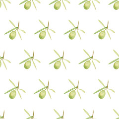Seamless olives background. Watercolor botanical pattern with hand drawn illustration of green olive fruit and leaves for fabric, wallpapers, home textile