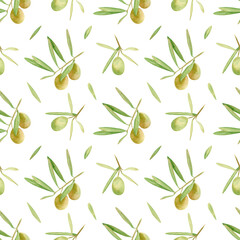 Seamless olives background. Watercolor botanical pattern with hand drawn illustration of green olive fruits, branch with leaves for fabric, wallpapers