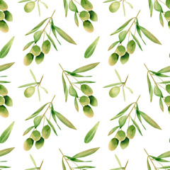 Seamless olives background. Watercolor botanical pattern with hand drawn illustration of green olive fruits, branch with leaves for textile prints, wallpapers