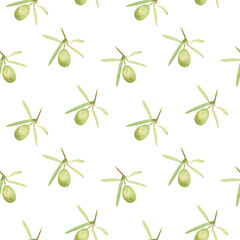 Seamless olives background. Watercolor floral pattern with hand drawn botanical illustration of green olive fruit and leaves for fabric, wallpapers, home textile