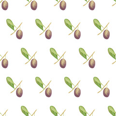 Seamless olives background. Watercolor floral pattern with hand drawn botanical illustration of green olive fruit and leaves for fabric, home textile, bed linen