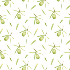 Seamless olives background. Watercolor floral pattern with hand drawn botanical illustration of green olive fruit and leaves for fabric, wallpapers, home textile, bed linen