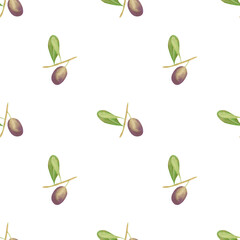 Seamless olives background. Watercolor floral pattern with hand drawn botanical illustration of green and violet olive fruit and leaves for fabric, home textile, bed linen