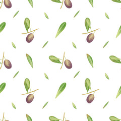 Seamless olives background. Watercolor floral pattern with hand drawn illustration of green and violet olive fruit and leaves for fabric, home textile, bed linen