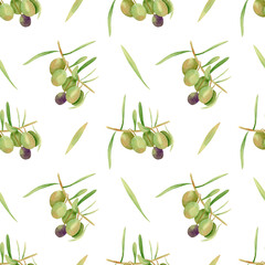 Seamless olives background. Watercolor floral pattern with hand drawn illustration of green and violet olive fruit and leaves on branch for fabric, home textile, bed linen prints