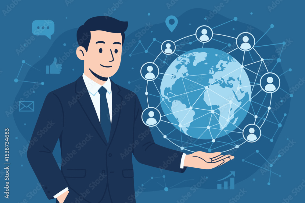 Aufkleber global business networking and communication concept. businessman presenting a worldwide social netw