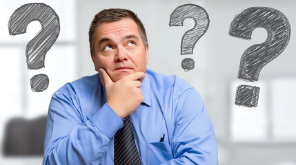 Man in Blue Shirt with Question Marks Overhead