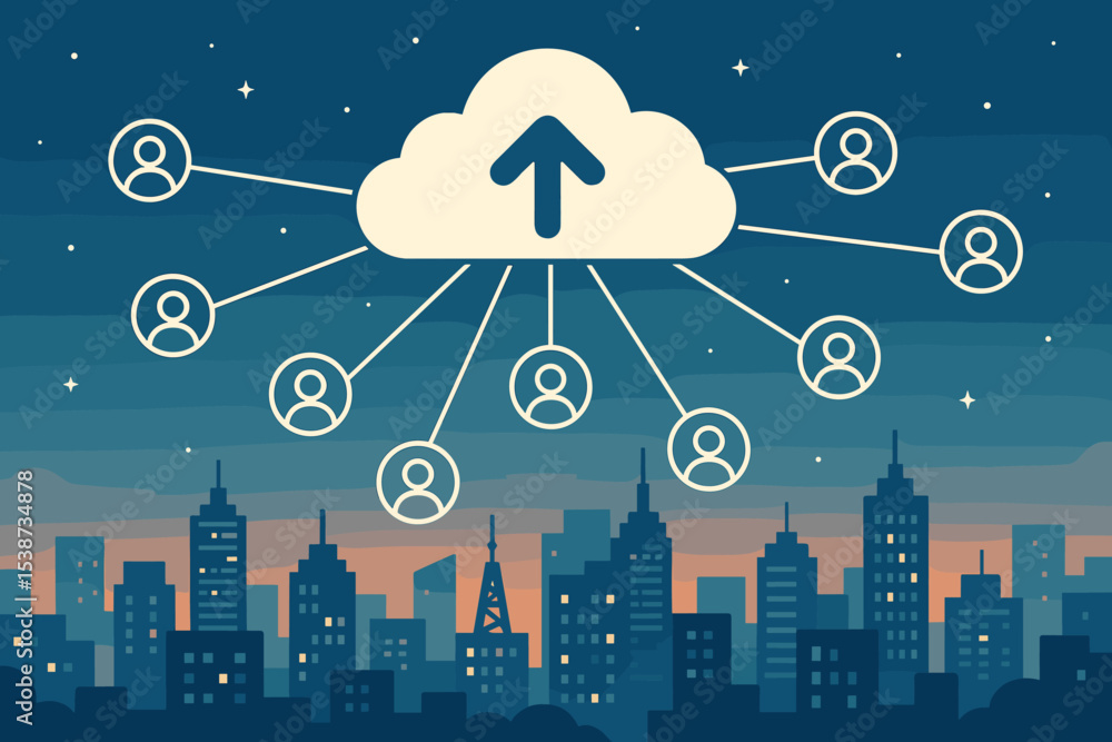 Poster cloud computing technology concept. global network of users uploading data to a central server. peop