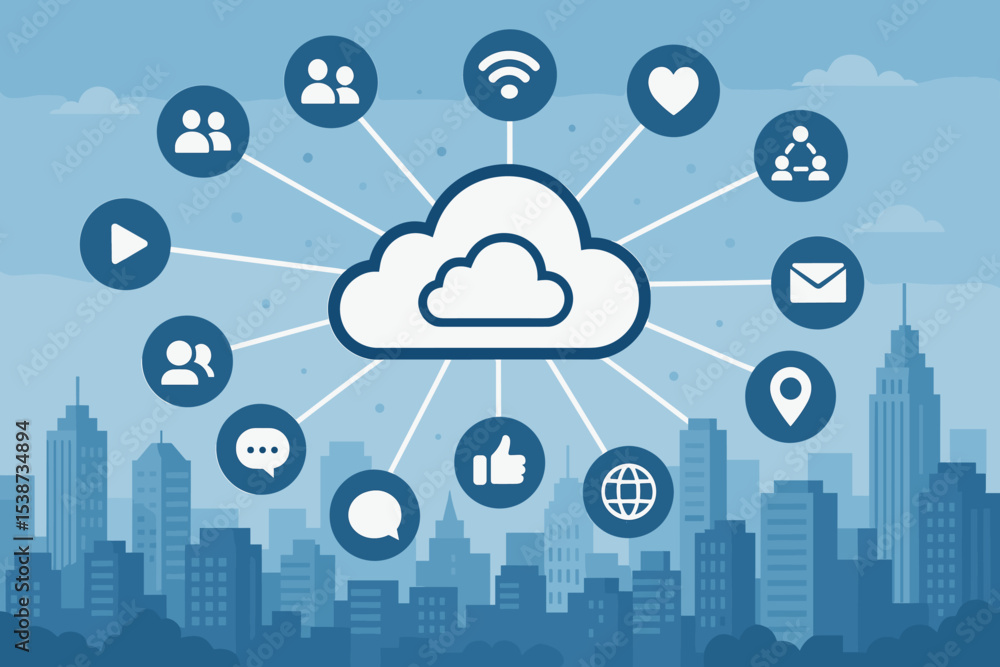 Poster cloud computing technology concept with a network of digital services icons over a city skyline. sma