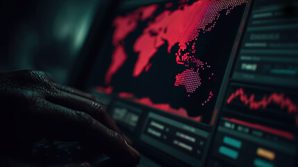 Cybersecurity threat monitor displays world map and global data on dark screen