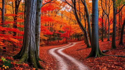 Fototapeta premium Autumn forest pathway with vivid orange and red foliage.