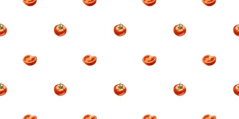 Fresh red tomatoes arranged in a seamless pattern on a white background, perfect for textile design inspiration