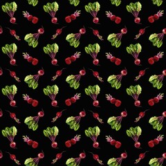Colorful pattern of radishes with vibrant green leaves on a black background showcasing fresh farm produce