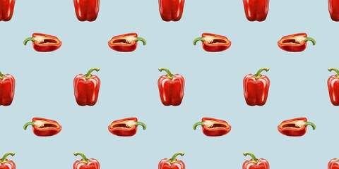Colorful pattern featuring red bell peppers on a light blue background suitable for various design projects