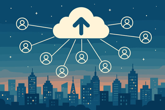 Cloud computing technology concept. Global network of users uploading data to a central server. People connection over a city skyline. Smart city, data storage, remote work.