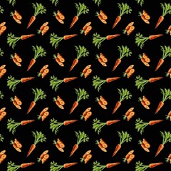 Colorful pattern of carrots with green tops on a dark background showcasing fresh vegetables in a playful arrangement