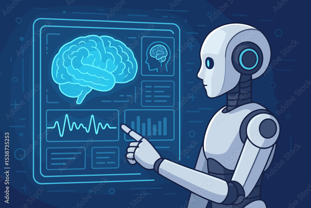 Poster ai robot performing brain analysis on a futuristic interface. concept of artificial intelligence, ne