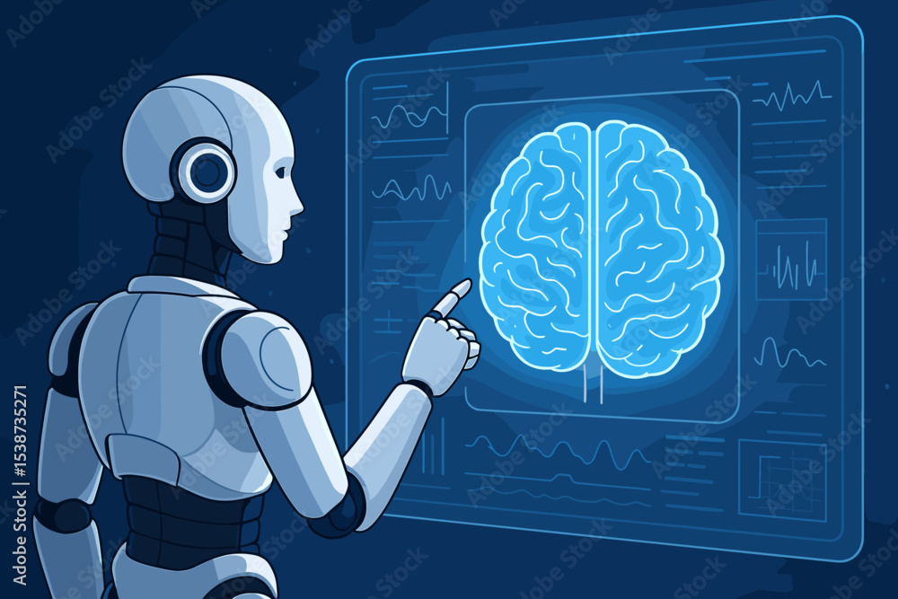 Poster artificial intelligence concept with a robot analyzing a human brain on a futuristic screen. ai in n