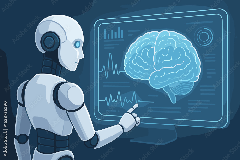 Poster artificial intelligence robot analyzing brain scan on digital interface. ai in medicine, neurology r